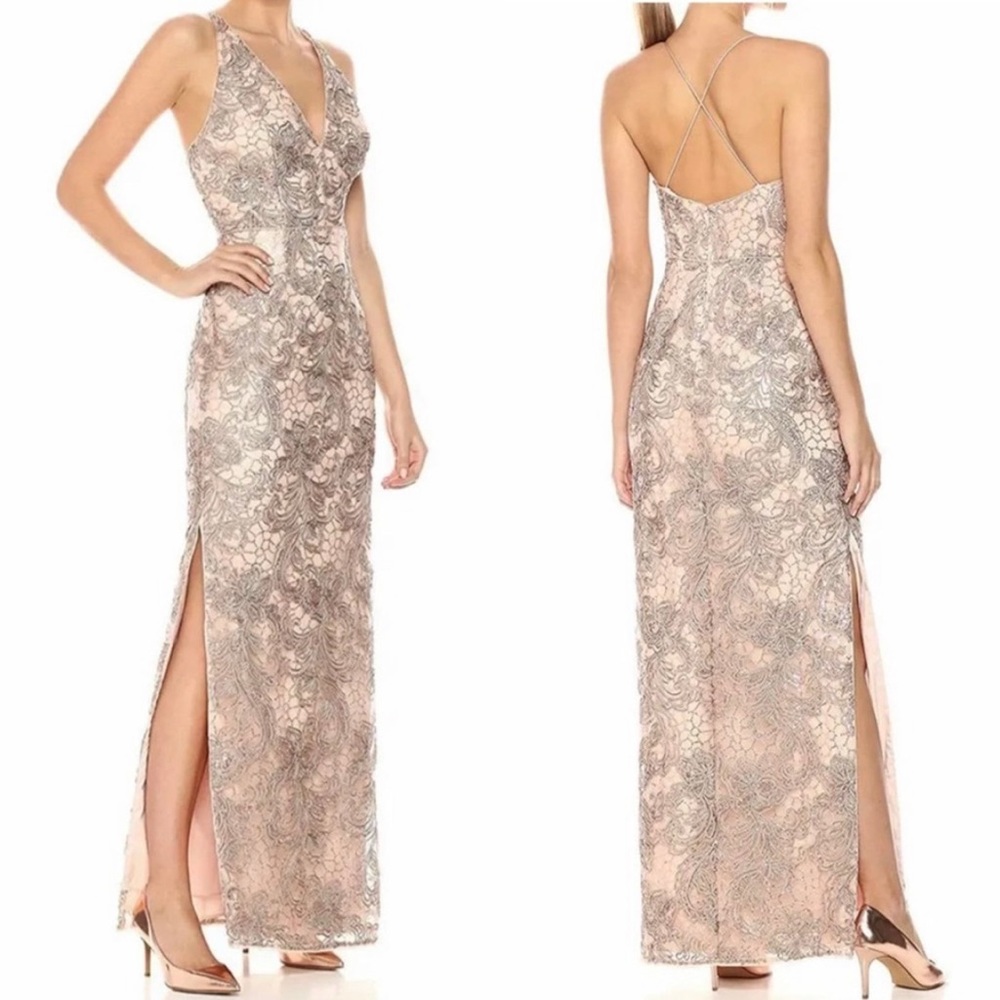 Aidan Mattox Rose Gold Criss Cross Back Floral Sequin Embroidered Slit Maxi 2